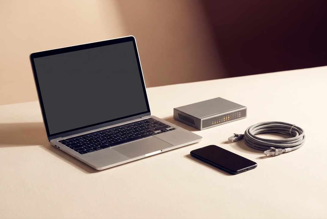 IT hardware Tri Global supplies and sets up — a laptop, network switch, and cabling